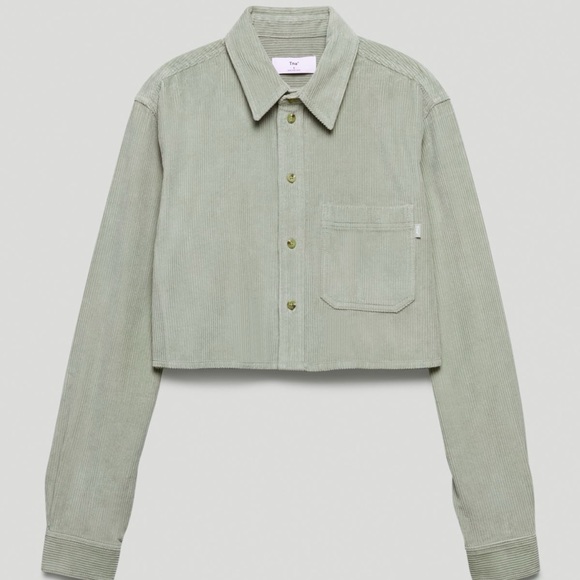 TNA Aritzia Corduroy Union Cropped Button Up Long Sleeve Blouse Dusky Green - Picture 1 of 15